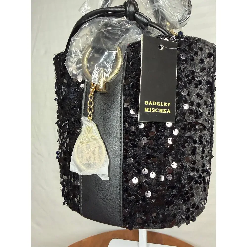 Badgley Mischka Black Sequin Bucket Bag NWT Crossbody MSRP $159